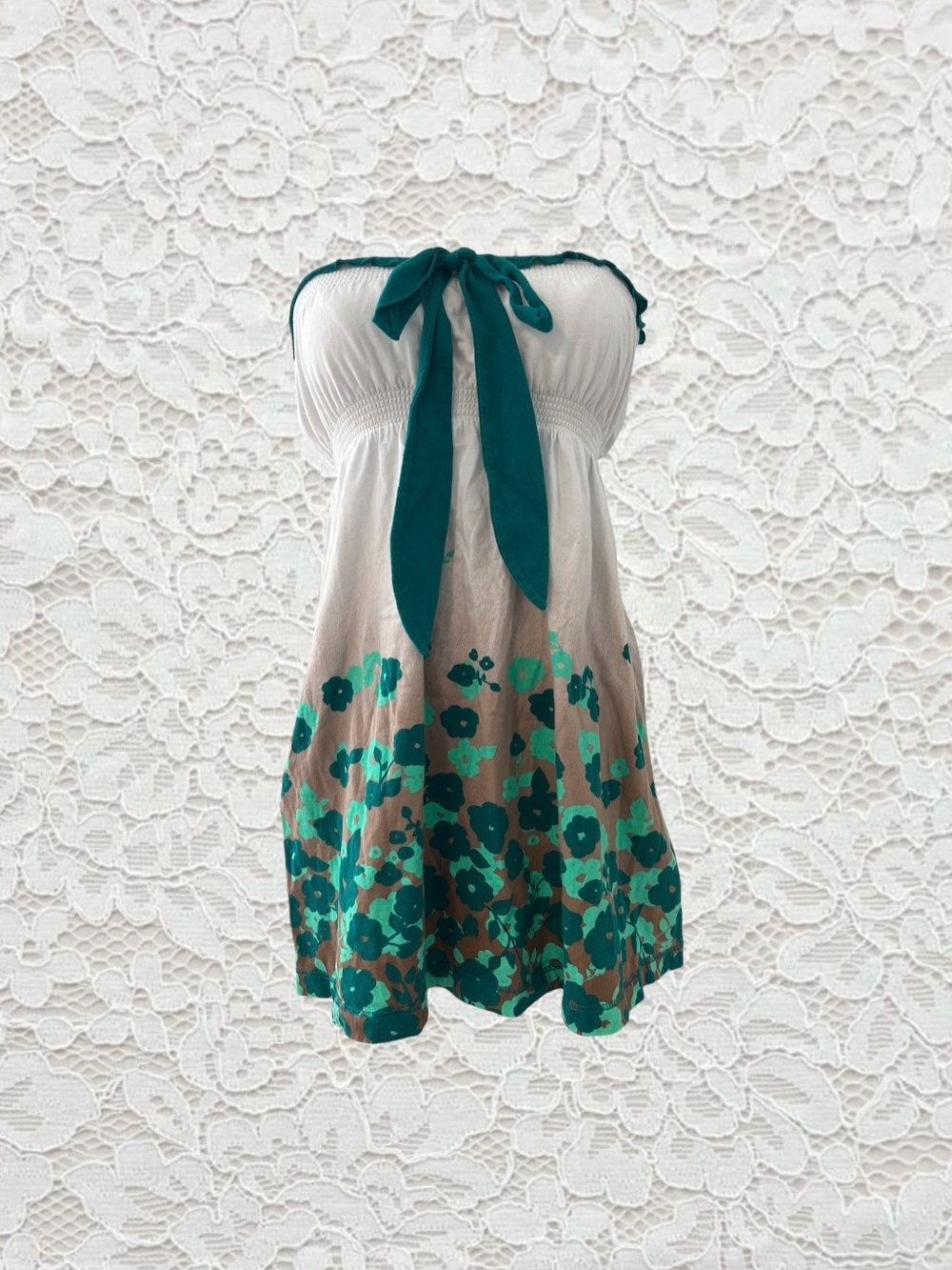 vintage y2k‎ green and white floral babydoll top with bow